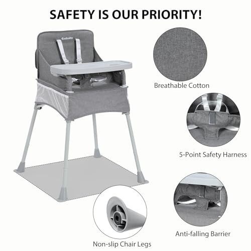 Ezebaby Baby Portable High Chair with Sun Canopy, Foldable High Chairs for Babies and Toddlers with Detachable Tray and 5-Point Harness, Travel High Chair for Indoor and Outdoor Use, Gray - 32