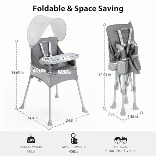 Ezebaby Baby Portable High Chair with Sun Canopy, Foldable High Chairs for Babies and Toddlers with Detachable Tray and 5-Point Harness, Travel High Chair for Indoor and Outdoor Use, Gray - 33