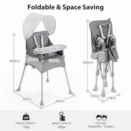 Ezebaby Baby Portable High Chair with Sun Canopy, Foldable High Chairs for Babies and Toddlers with Detachable Tray and 5-Point Harness, Travel High Chair for Indoor and Outdoor Use, Gray - 27