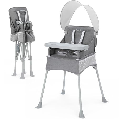 Ezebaby Baby Portable High Chair with Sun Canopy, Foldable High Chairs for Babies and Toddlers with Detachable Tray and 5-Point Harness, Travel High Chair for Indoor and Outdoor Use, Gray - 19