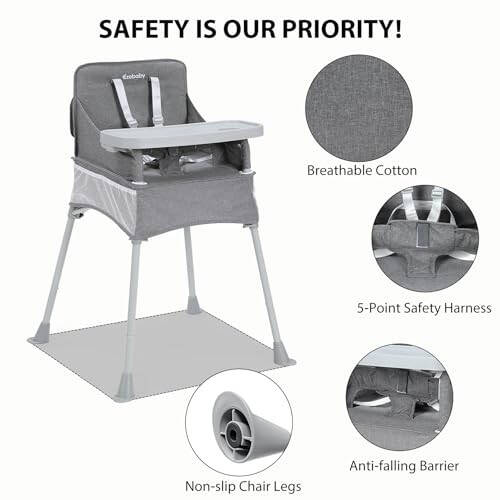 Ezebaby Baby Portable High Chair with Sun Canopy, Foldable High Chairs for Babies and Toddlers with Detachable Tray and 5-Point Harness, Travel High Chair for Indoor and Outdoor Use, Gray - 20