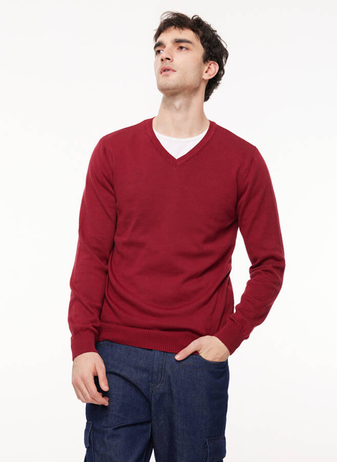 Fabrika V-Neck Plain Burgundy Men's Sweater - 1