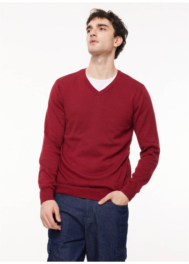 Fabrika V-Neck Plain Burgundy Men's Sweater - 8