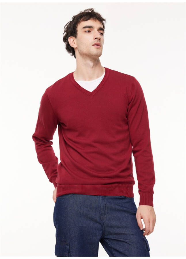 Fabrika V-Neck Plain Burgundy Men's Sweater - 10