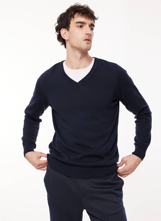 Fabrika V-Neck Regular Fit Solid Navy Blue Men's Sweater SPBF3WM-SWE5006 - 3