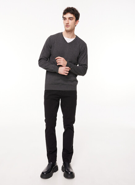 Fabrika V-Neck Regular Plain Anthracite Melange Men's Sweater - 2