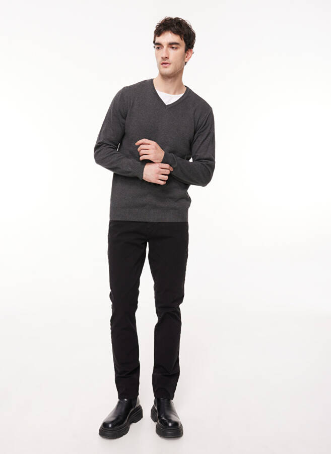 Fabrika V-Neck Regular Plain Anthracite Melange Men's Sweater - 2