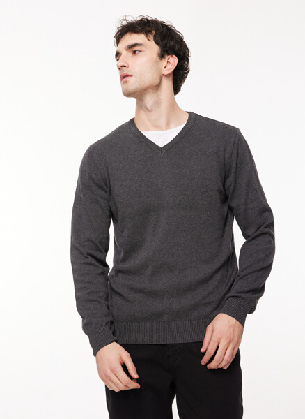 Fabrika V-Neck Regular Plain Anthracite Melange Men's Sweater - 3