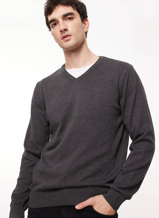 Fabrika V-Neck Regular Plain Anthracite Melange Men's Sweater - 4