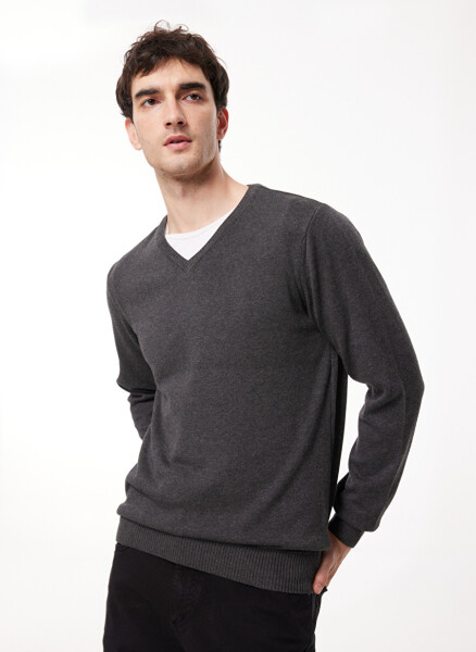 Fabrika V-Neck Regular Plain Anthracite Melange Men's Sweater - 5