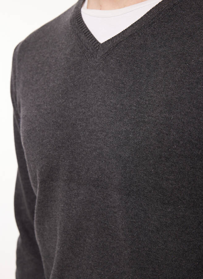 Fabrika V-Neck Regular Plain Anthracite Melange Men's Sweater - 6