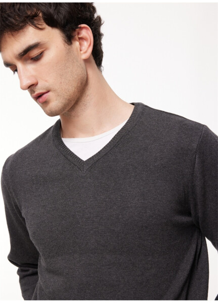 Fabrika V-Neck Regular Plain Anthracite Melange Men's Sweater - 10