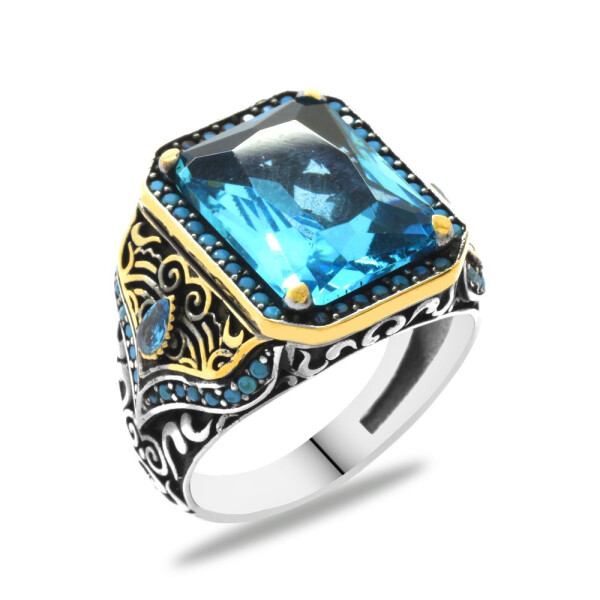 Facet Cut Aqua Zircon Stone Micro Zircon Stone Studded 925 Sterling Silver Men's Ring - 6