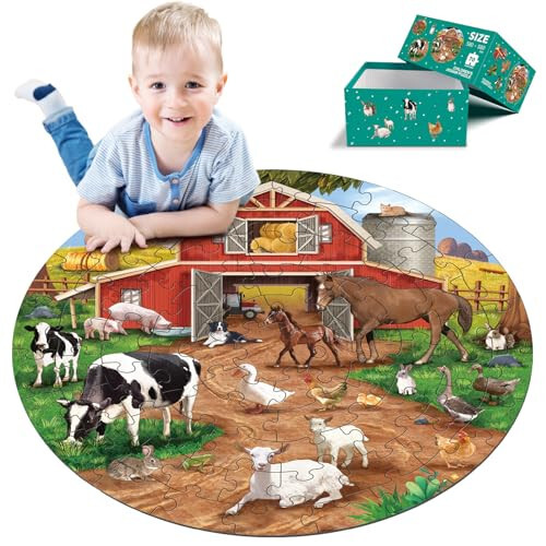 Farm Animals Round Jigsaw Puzzles, Jumbo Floor Puzzle for Kids, Large 70 Piece Barn Puzzle for Toddler Ages 3-5, Preschool Learning Educational Christmas Birthday Gift Gift for 4-8 Years Old Boy Girl - 1