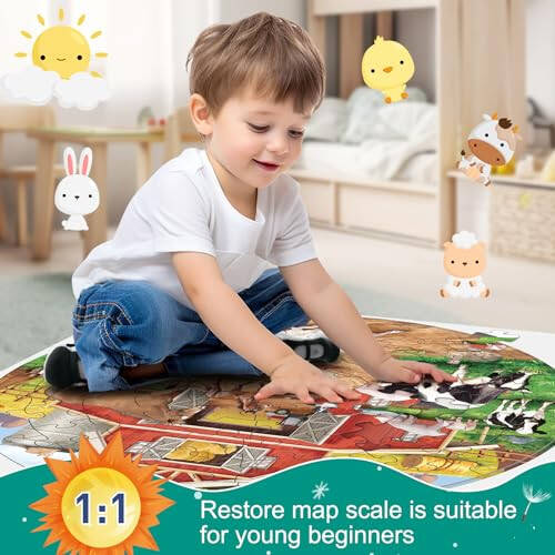 Farm Animals Round Jigsaw Puzzles, Jumbo Floor Puzzle for Kids, Large 70 Piece Barn Puzzle for Toddler Ages 3-5, Preschool Learning Educational Christmas Birthday Gift Gift for 4-8 Years Old Boy Girl - 4