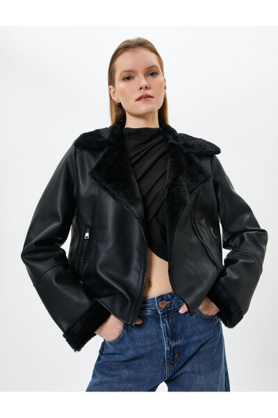 Faux Leather Biker Jacket with Faux Fur Lining and Zipper - 9