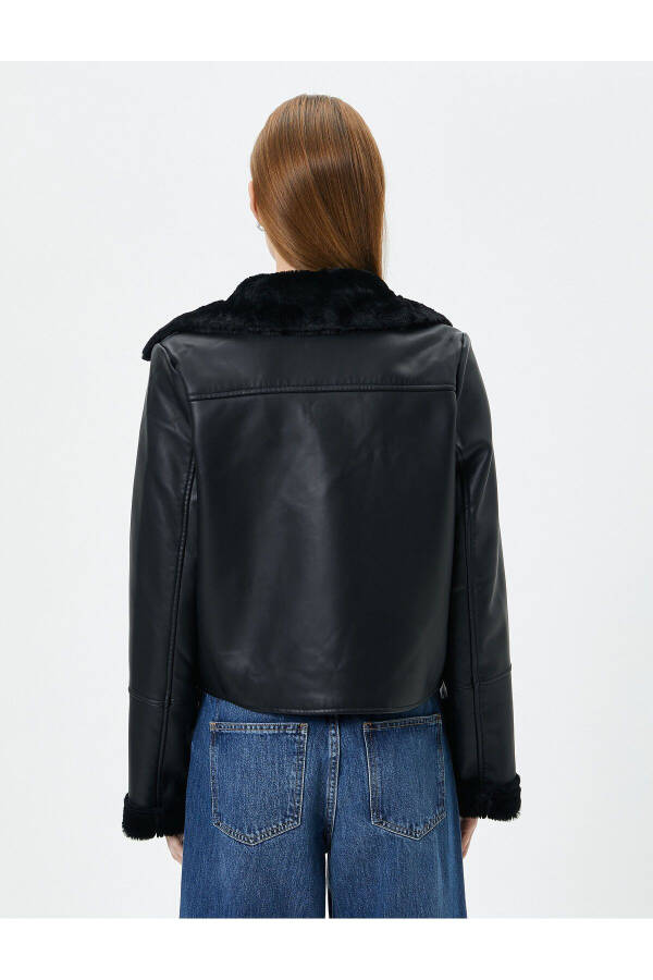 Faux Leather Biker Jacket with Faux Fur Lining and Zipper - 4