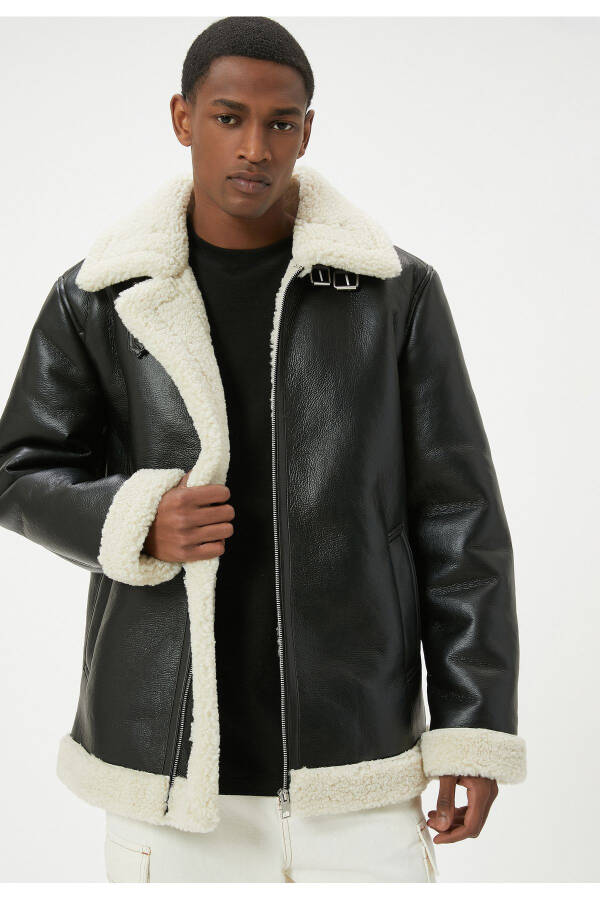 Faux leather biker jacket with fur collar and pockets. - 1