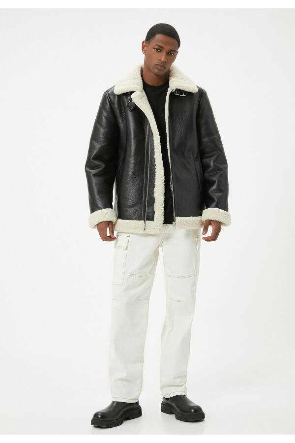 Faux leather biker jacket with fur collar and pockets. - 2