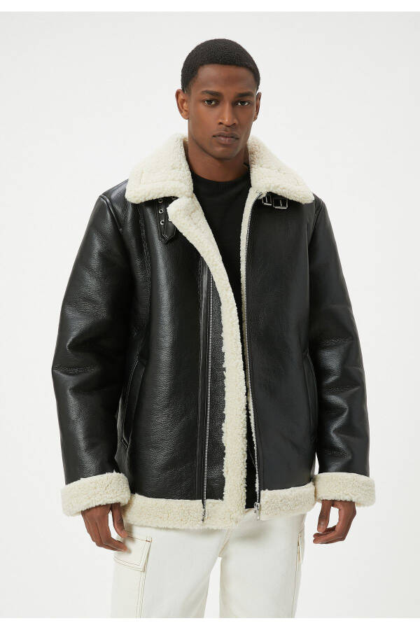 Faux leather biker jacket with fur collar and pockets. - 3