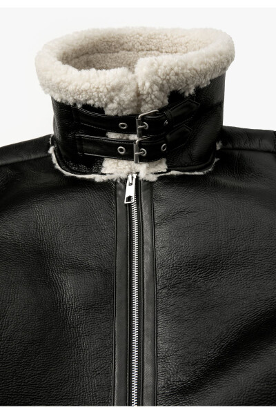 Faux leather biker jacket with fur collar and pockets. - 6