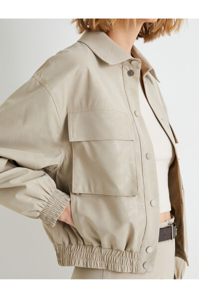 Faux Leather Bomber Jacket with Pockets, Elastic Waist and Cuffs - 11