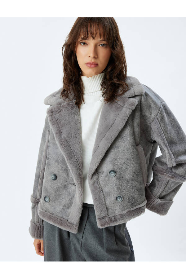 Faux Leather Jacket with Faux Fur Collar, Plush Details and Crossover Pockets - 1