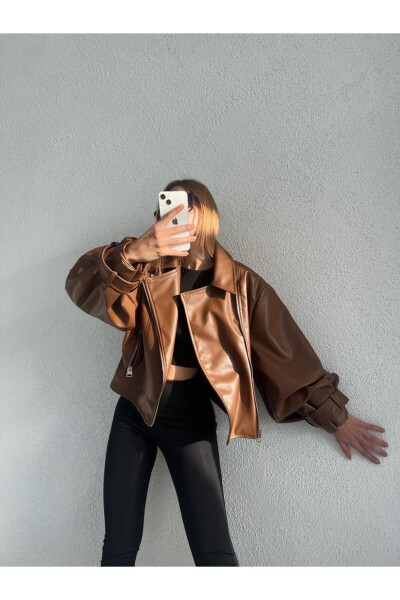 Faux Leather Wide Sleeve Brown Bomber Jacket - 3