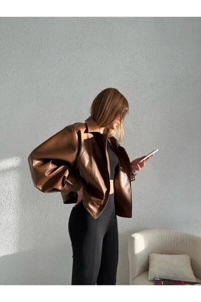 Faux Leather Wide Sleeve Brown Bomber Jacket - 4