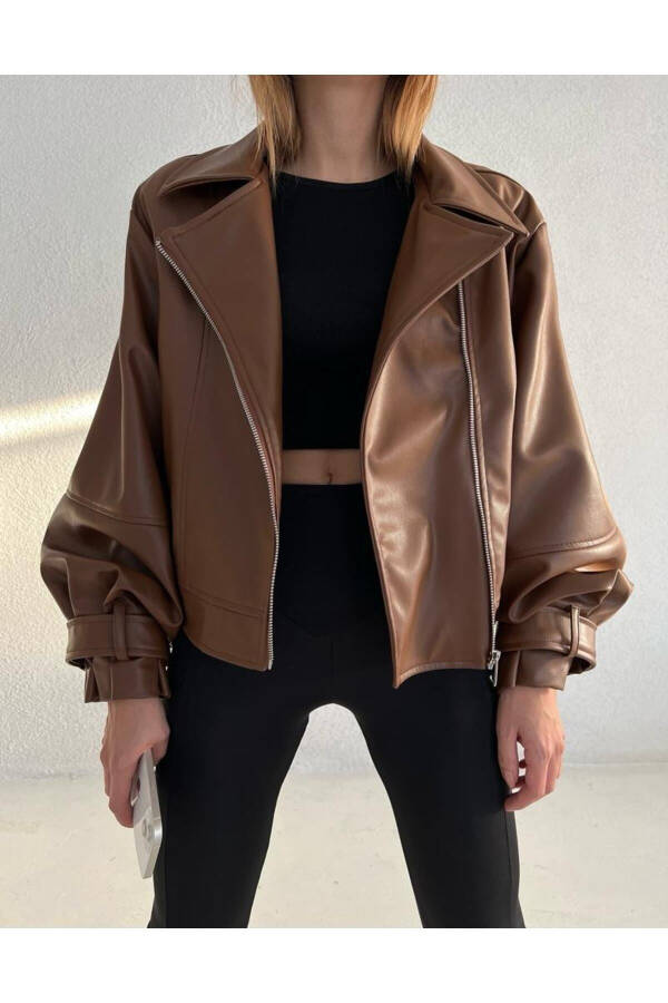 Faux Leather Wide Sleeve Brown Bomber Jacket - 5