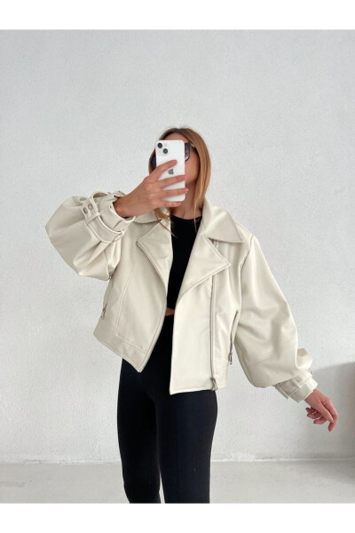 Faux Leather Wide Sleeve Cream Bomber Jacket - 1