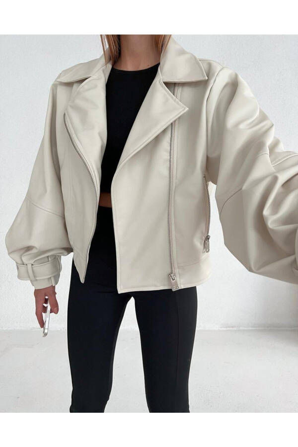 Faux Leather Wide Sleeve Cream Bomber Jacket - 2