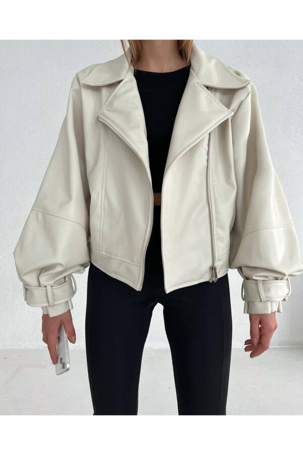 Faux Leather Wide Sleeve Cream Bomber Jacket - 3