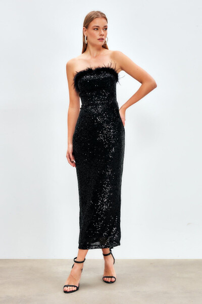 Feather Detail Sequined Dress - BLACK - 4