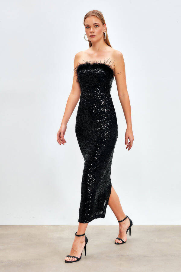 Feather Detail Sequined Dress - BLACK - 5