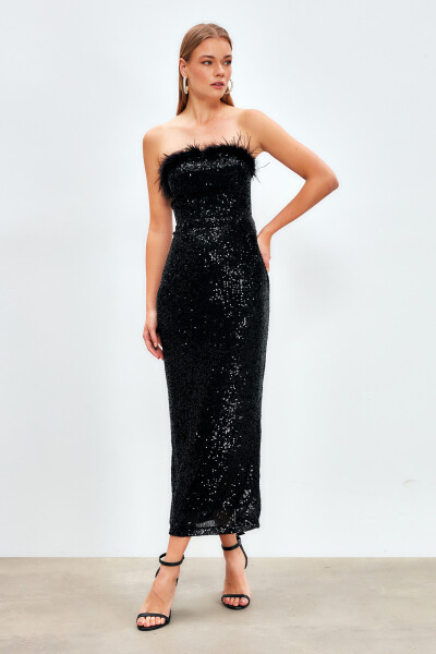 Feather Detail Sequined Dress - BLACK - 12