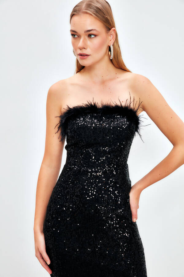 Feather Detail Sequined Dress - BLACK - 14