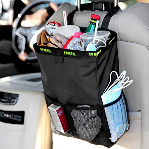 Fekey&JF Hanging Car Trash Can with Storage Pockets, Waterproof Leakproof Oxford Auto Garbage Bag, Multi-Use Organizer for Outdoor Traveling, Foldable Trash Bin for Truck, SUV, Car (Green) - 5