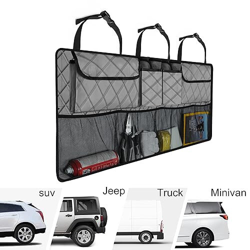 Femuar Araba Bagaj Düzenleyici, Büyük Kapasiteli Arka Koltuk Bagaj Düzenleyici (42 * 18 inç), Katlanabilir Araba Saklama Çantası 8 Cepli, SUV/MPV/Kamyon için Araba Düzenleyici - Gri - 5