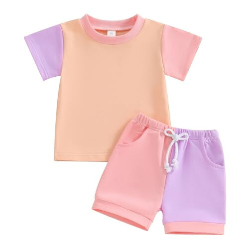 Fernvia Toddler Baby Girl Summer Clothes 3 6 9 12 18 24 Months Cotton Outfits Short Sleeve Contrast T-Shirts Tops Shorts Sets - 43