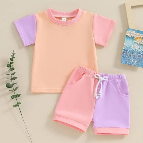 Fernvia Toddler Baby Girl Summer Clothes 3 6 9 12 18 24 Months Cotton Outfits Short Sleeve Contrast T-Shirts Tops Shorts Sets - 46