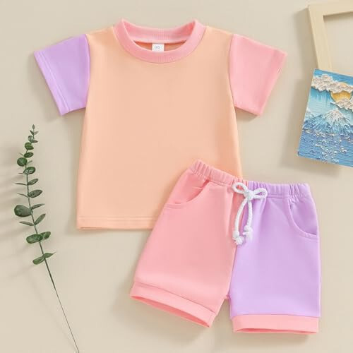 Fernvia Toddler Baby Girl Summer Clothes 3 6 9 12 18 24 Months Cotton Outfits Short Sleeve Contrast T-Shirts Tops Shorts Sets - 39