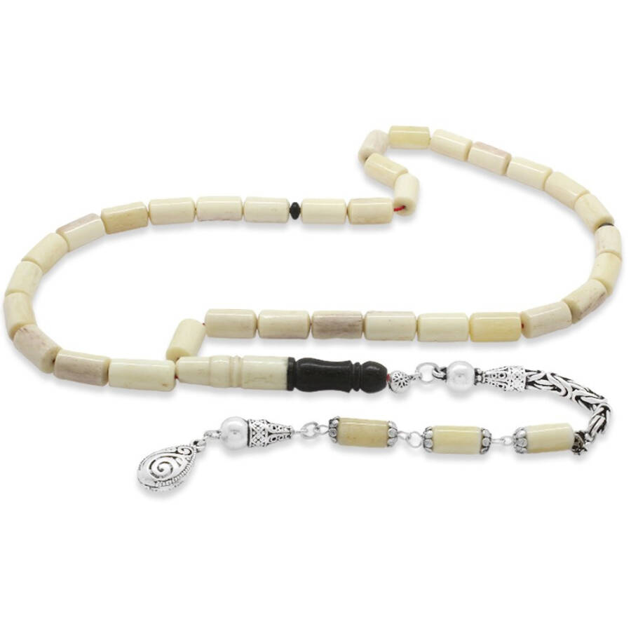 Filigree Design Gourmet Chainless Non-Tarnishing Metal Tassel Capsule Cut Ebony Combination Natural Color Camel Bone Prayer Beads - 3