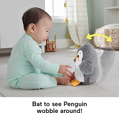 Fisher-Price Игрушка для развития малыша Flap & Wobble Penguin, плюшевая с музыкой и движением для сенсорной игры новорожденных в возрасте от 0 месяцев - 4