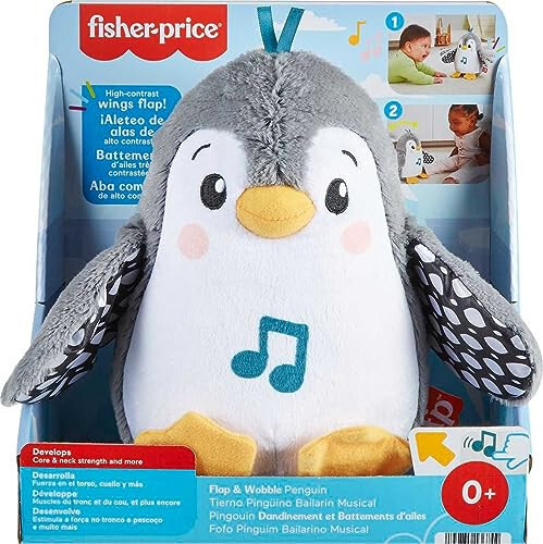 Fisher-Price Игрушка для развития малыша Flap & Wobble Penguin, плюшевая с музыкой и движением для сенсорной игры новорожденных в возрасте от 0 месяцев - 6