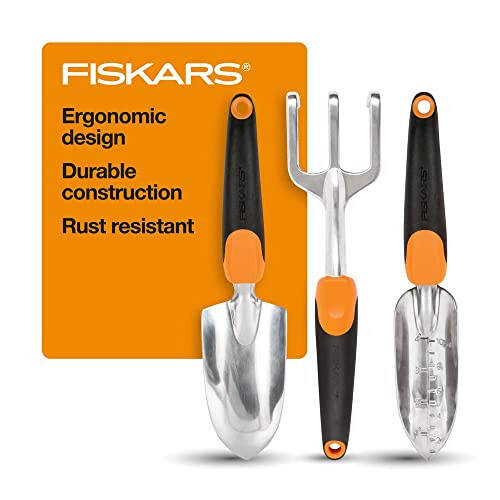 Fiskars 3 ta 1 da bog'dor bog'dorchilik vositalari to'plami, ichiga kuret, ko'chat ekish vositasi va kultivator kiradi, ochiq havoda bog'dorchilik uchun ergonomik bog'dorchilik vositalari to'plami - 8