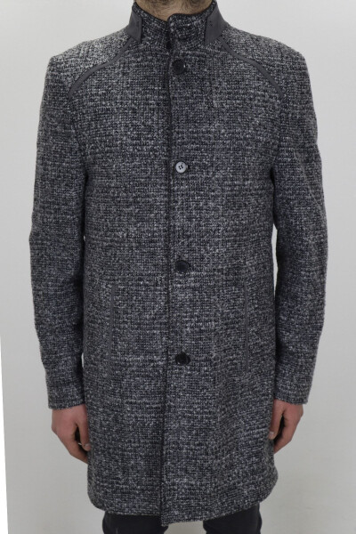 Fistan Store Men's Grey Sport Cut Mandarin Collar Patterned Button Closure Winter Cashmere Coat - 1