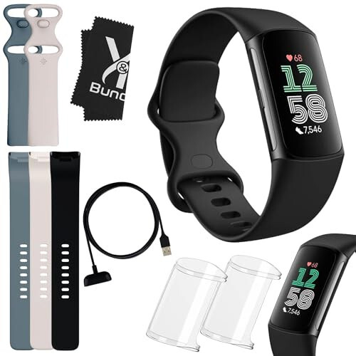 Fitbit Charge 6 Paket - Fitbit Fitness Takip Cihazı Sağlık Saati 2 Ekran Koruyucu, Ek Bantlar ve Bez - Kadın ve Erkekler için Kalp Atış Hızı Monitörü, GPS ve Aktivite Takip Cihazı ile Fit Bit Akıllı Saatler - 1