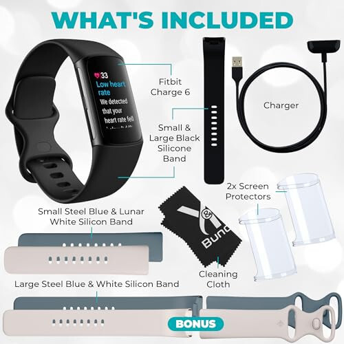 Fitbit Charge 6 Paket - Fitbit Fitness Takip Cihazı Sağlık Saati 2 Ekran Koruyucu, Ek Bantlar ve Bez - Kadın ve Erkekler için Kalp Atış Hızı Monitörü, GPS ve Aktivite Takip Cihazı ile Fit Bit Akıllı Saatler - 2