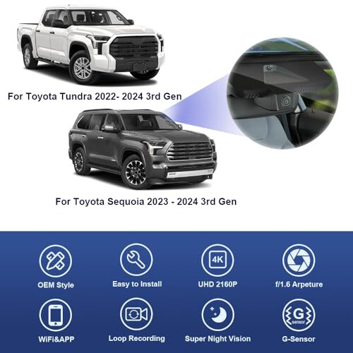 Fitcamx 4K Dash Cam 2022-2024 Toyota Tundra & Sequoia 2023 2024 Limited SR SR5 TRD Pro Limited Platinum (Gen3) İçin, OEM Görünüm, 2160P UHD Video, Dahili WiFi, Döngü Kaydı, G-Sensör, Tak ve Çalıştır, 64GB - 4